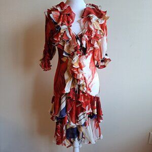 Roberto Cavalli Runway Silk Ruffled Red White Dress Size 40/ Small
